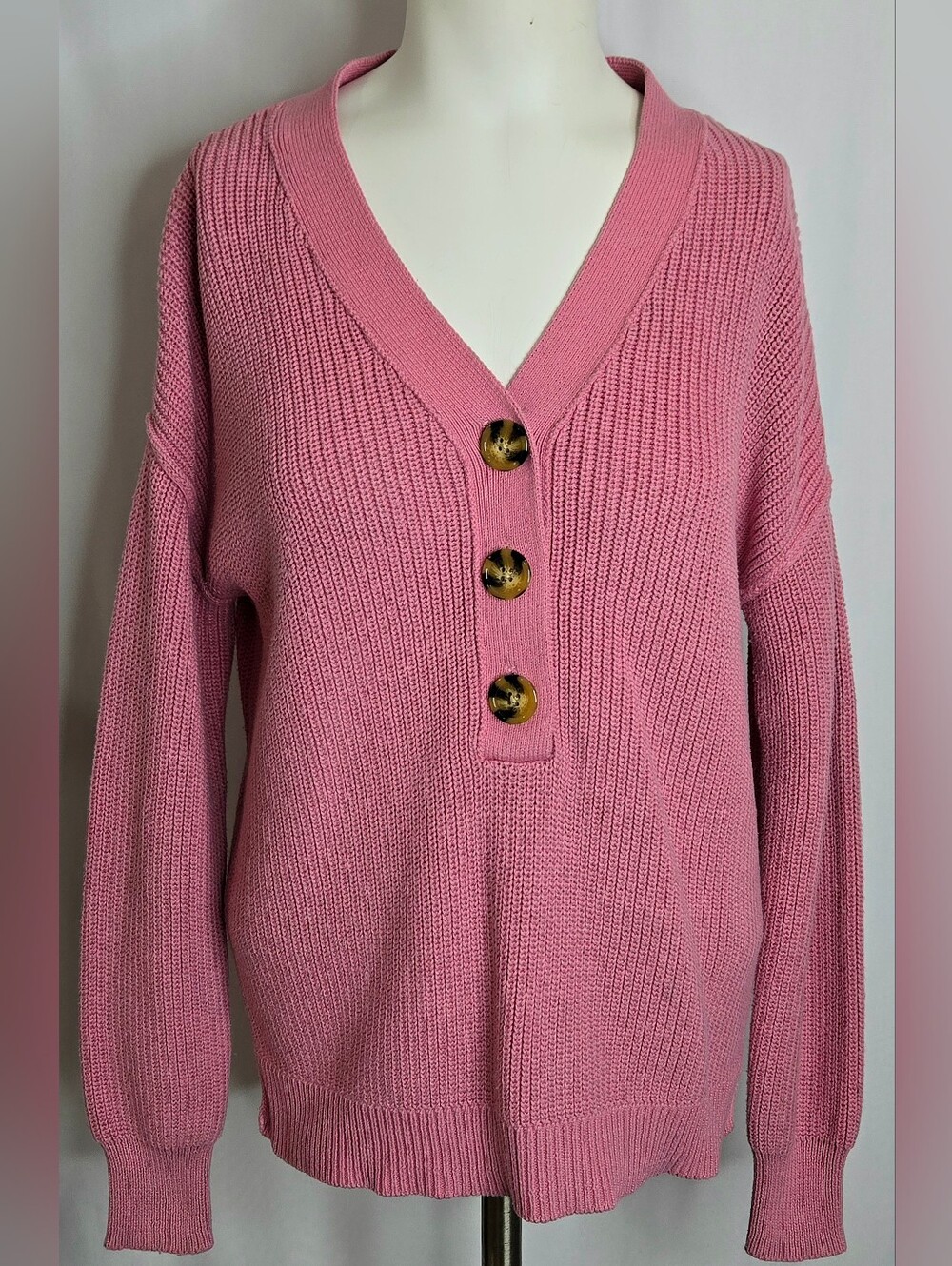 Rachel Zoe Pink Ribbed Henley Waffle‎ Knit V-Neck Sweater Tortoise Button S NWOT
